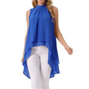Casual Tie Back Asymmetrical Sleeveless Mock Neck Flowy Blouse Tops Royal Blue